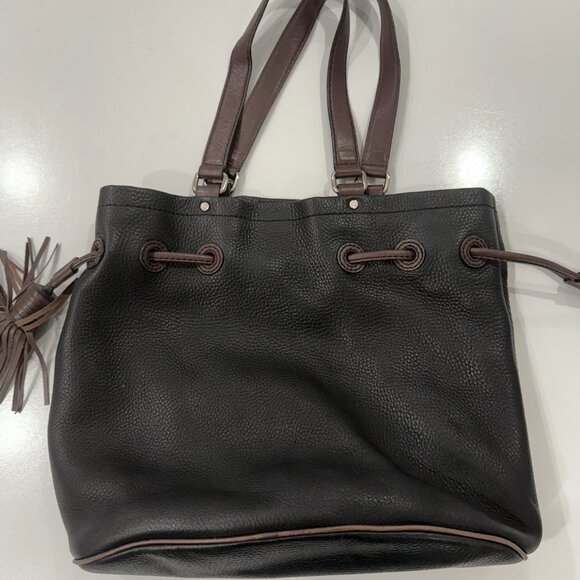 Cole Haan Black Brown Pebbled Leather Tassel Drawstring Bucket Bag Purse - Picture 4 of 12